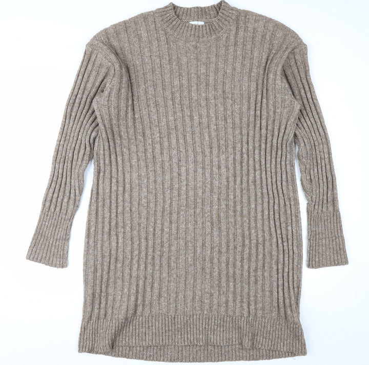 H&M Women Beige Knit Jumper Dress Size 12 Long Sleeve Crew Neck