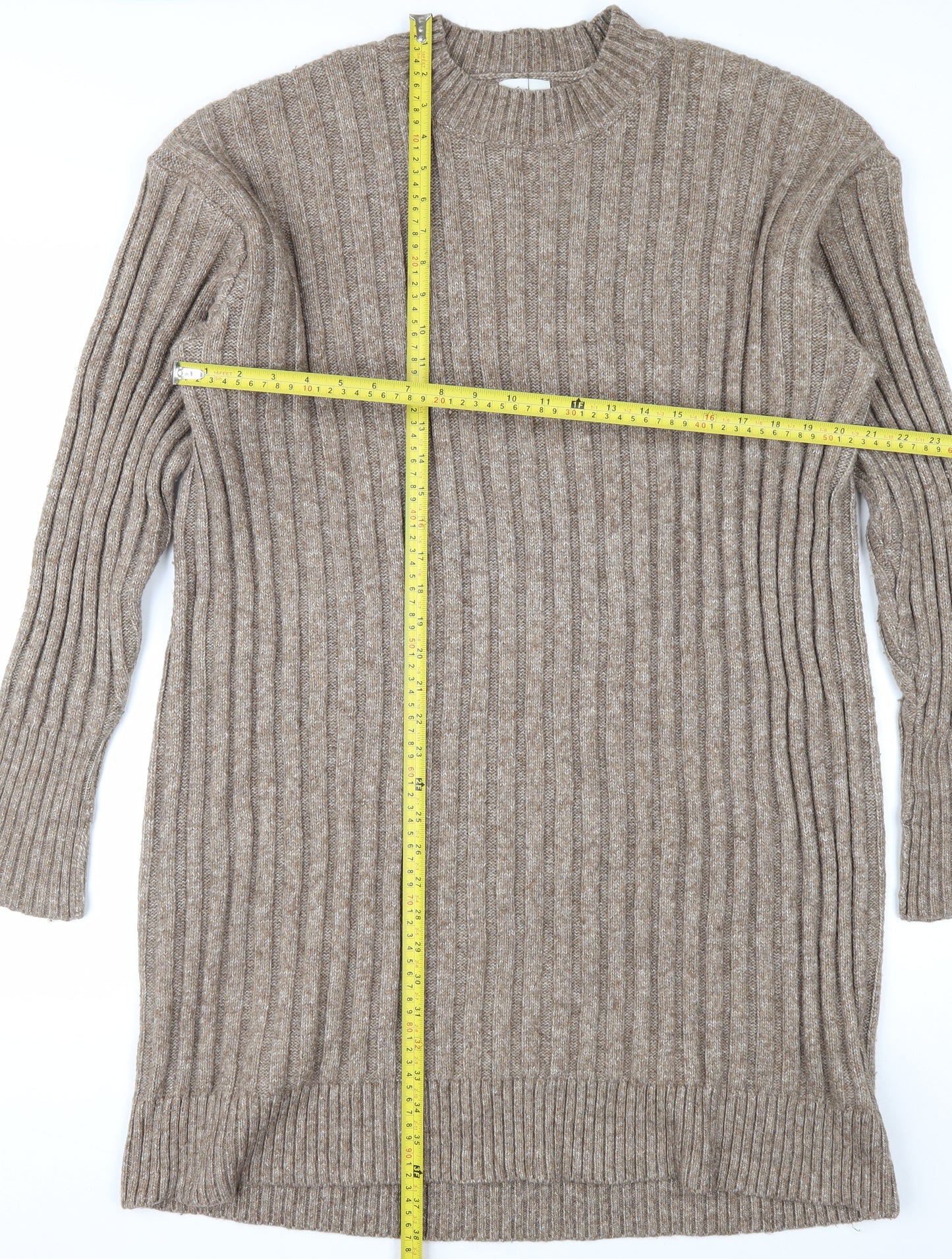H&M Women Beige Knit Jumper Dress Size 12 Long Sleeve Crew Neck