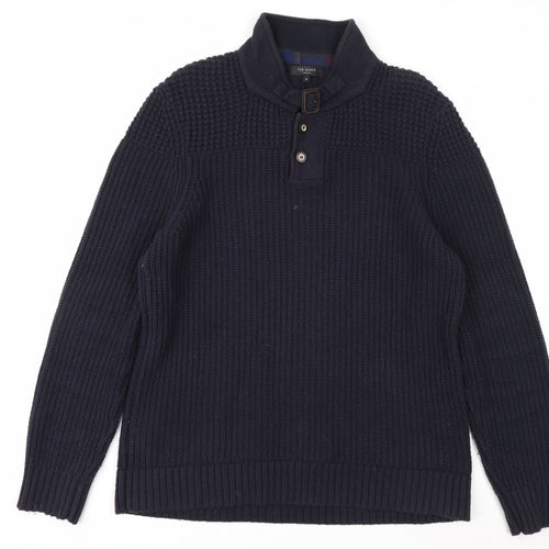 Ted Baker Men's Blue XL Chunky-Knit Collared Henley Jumper