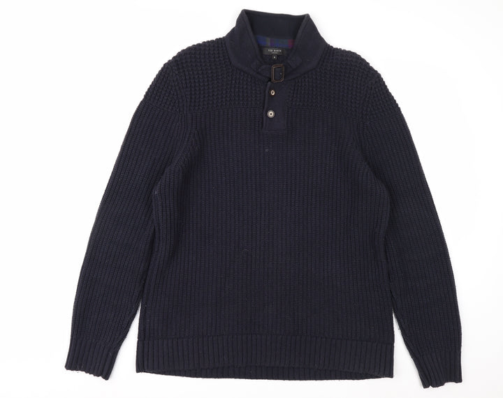 Ted Baker Men's Blue XL Chunky-Knit Collared Henley Jumper