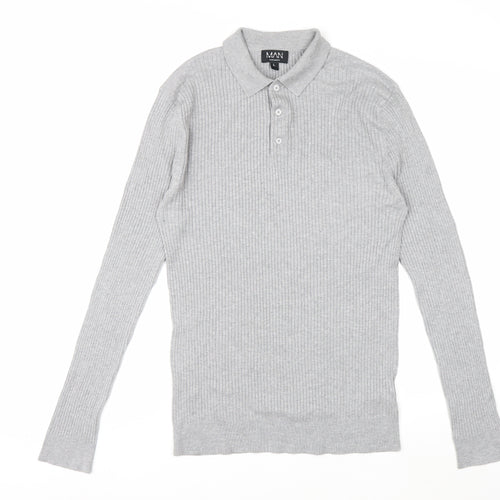 boohooMAN Men's Grey Long Sleeve Knitted Polo Size L Classic Fit
