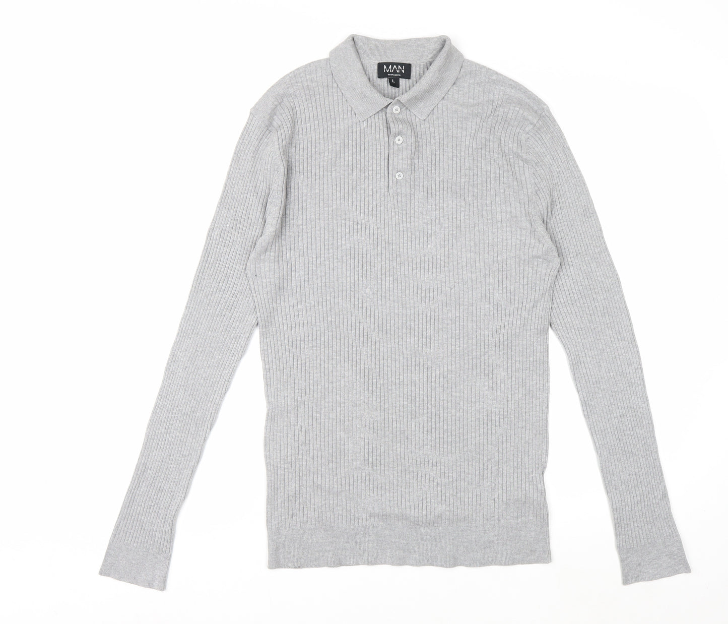 boohooMAN Men's Grey Long Sleeve Knitted Polo Size L Classic Fit