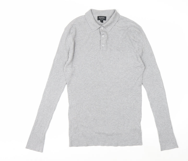 boohooMAN Men's Grey Long Sleeve Knitted Polo Size L Classic Fit