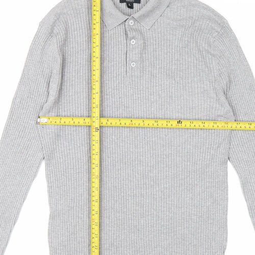 boohooMAN Men's Grey Long Sleeve Knitted Polo Size L Classic Fit
