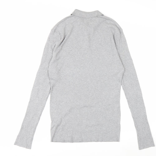 boohooMAN Men's Grey Long Sleeve Knitted Polo Size L Classic Fit