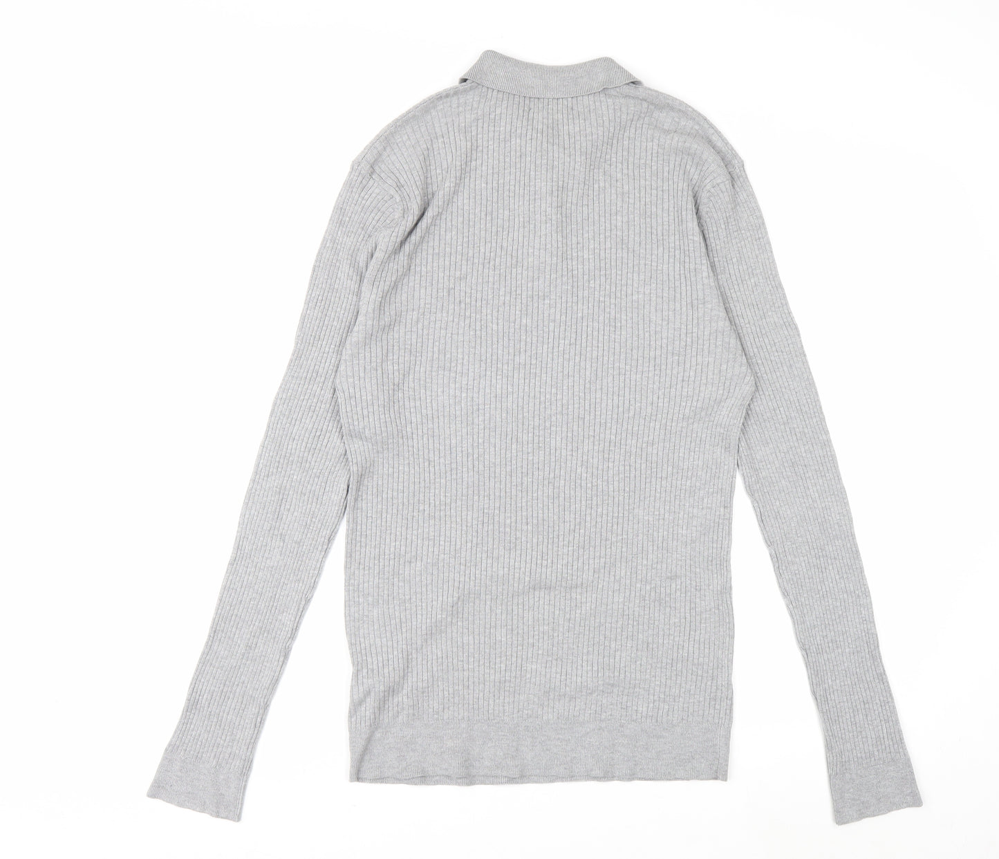 boohooMAN Men's Grey Long Sleeve Knitted Polo Size L Classic Fit