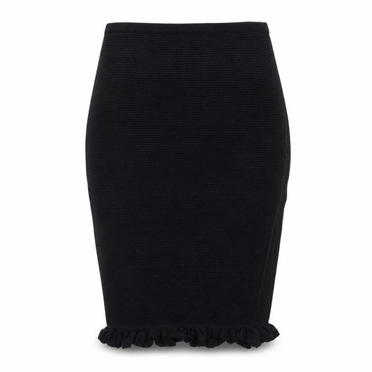 Front view of Max Studio Women’s Black Knit Pencil Skirt, size S, Ruffle Hem Stretch