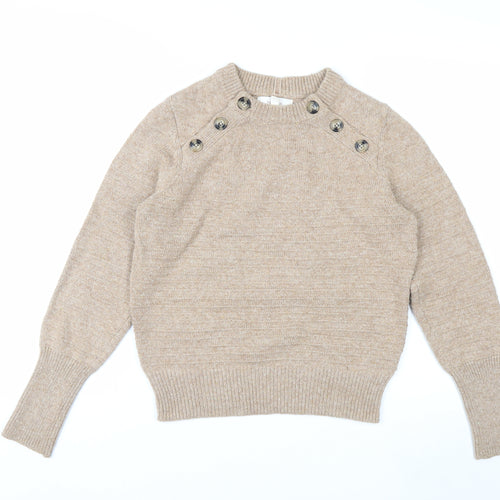 Marks and Spencer Women Beige Crew Neck Button Detail Jumper Size 10