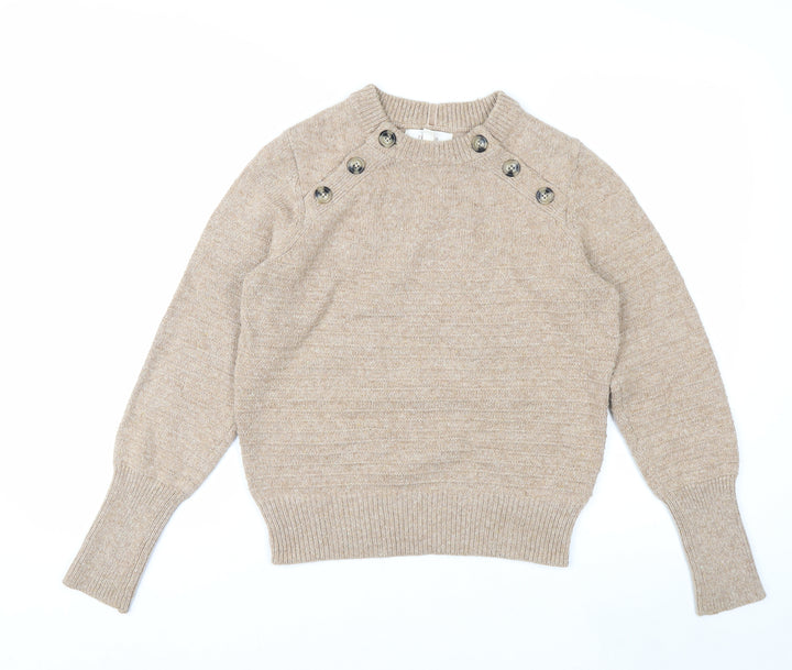Marks and Spencer Women Beige Crew Neck Button Detail Jumper Size 10