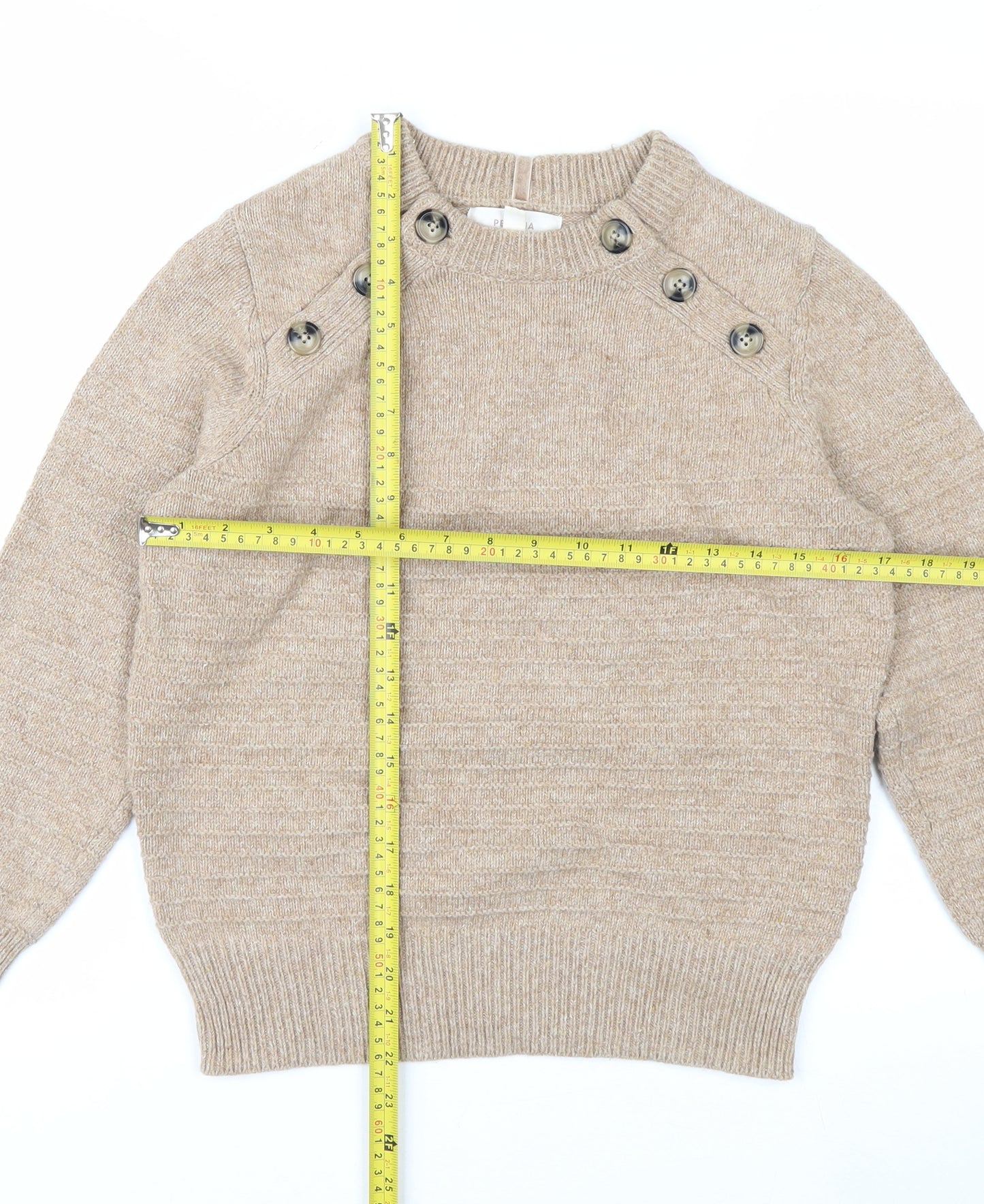 Marks and Spencer Women Beige Crew Neck Button Detail Jumper Size 10