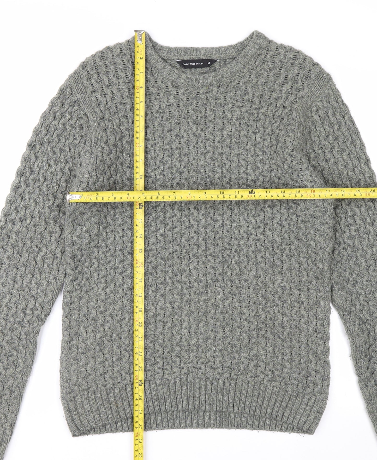 Cedarwood State Men's Grey Cable-Knit Crew Neck Jumper M