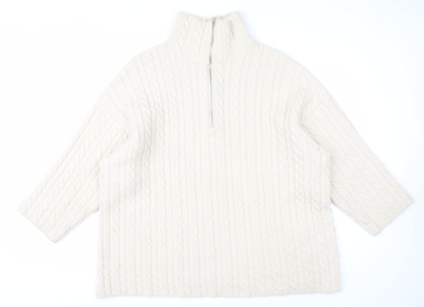 H&M Mens Ivory Wool Blend Cable Knit Half Zip Jumper M