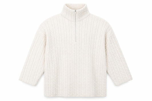 Front view of H&M men’s ivory wool blend cable knit half zip jumper m
