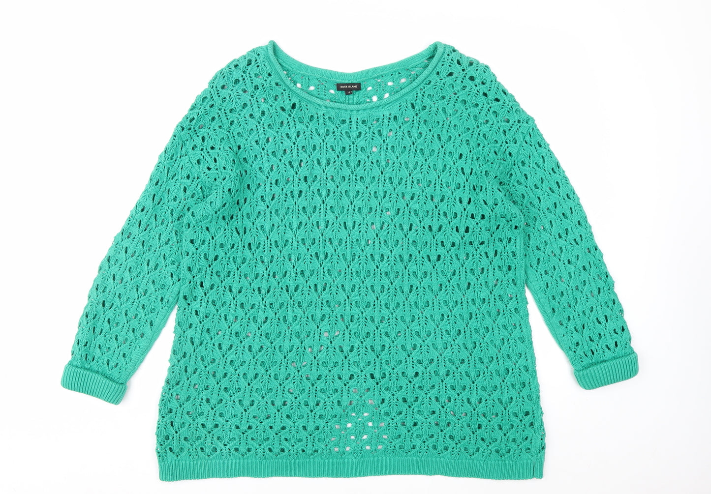 River Island Women Green Crochet Knit Jumper Size 14 Relaxed Fit