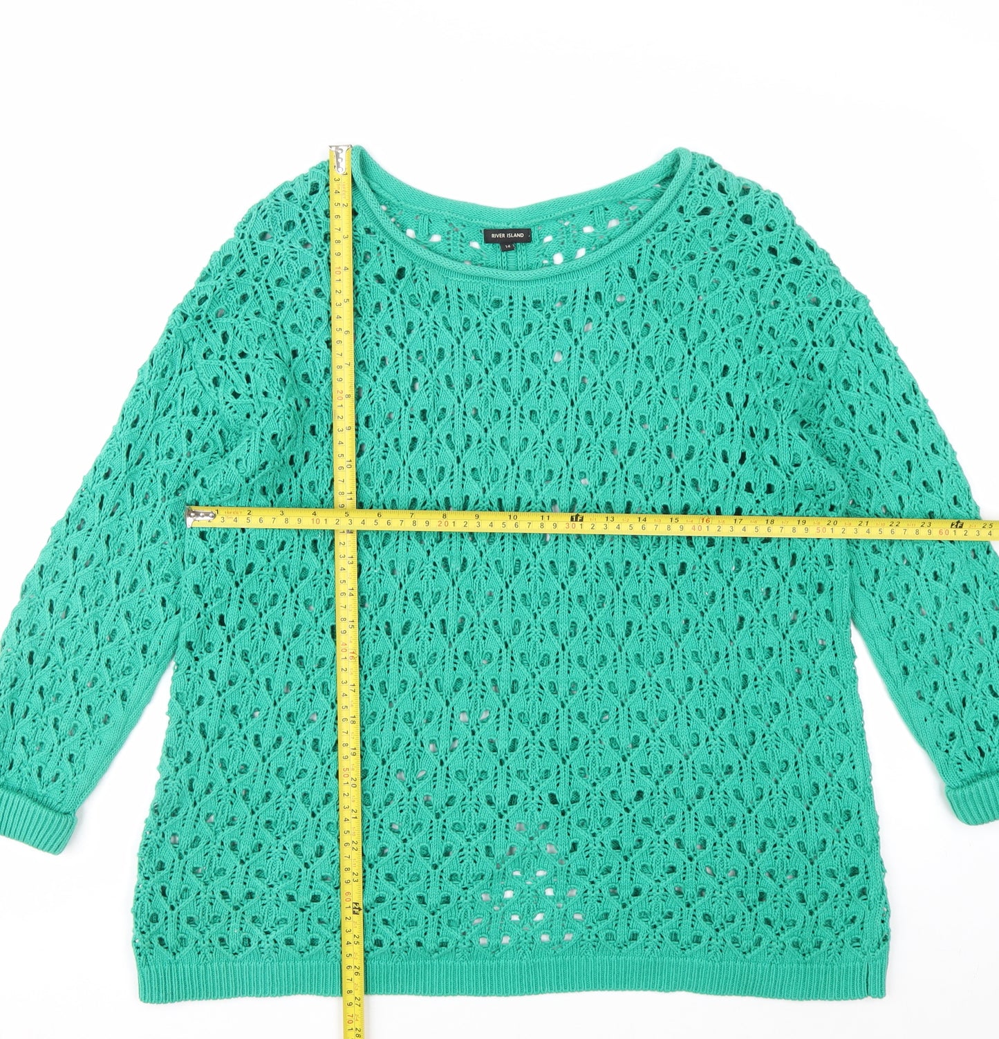 River Island Women Green Crochet Knit Jumper Size 14 Relaxed Fit