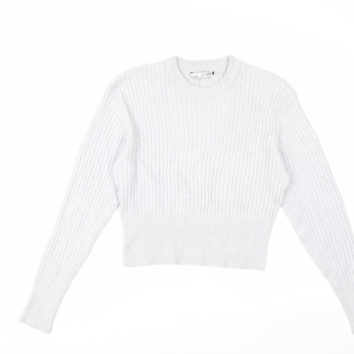 Pull&Bear Women's Grey Ribbed Knit Slim Fit Crew Neck Jumper Size S