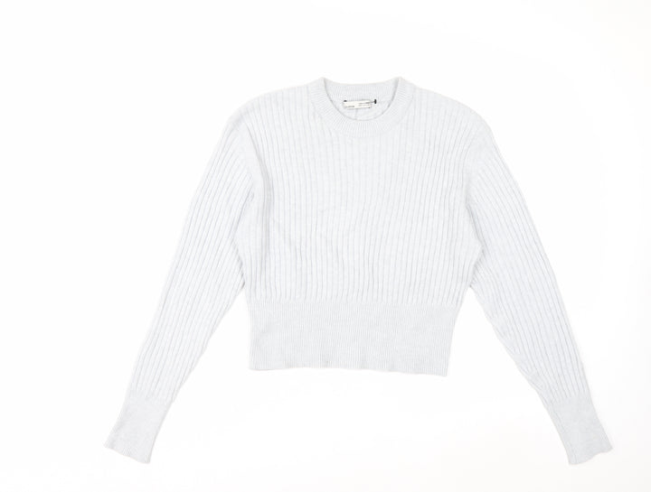 Pull&Bear Women's Grey Ribbed Knit Slim Fit Crew Neck Jumper Size S