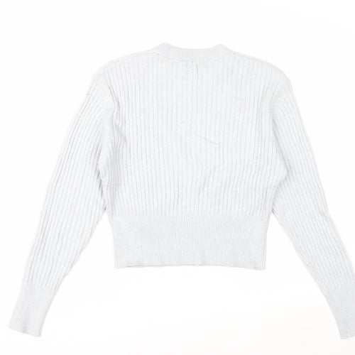 Pull&Bear Women's Grey Ribbed Knit Slim Fit Crew Neck Jumper Size S