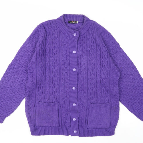 Insight Women Purple Cable Knit Cardigan M Acrylic Crew Neck