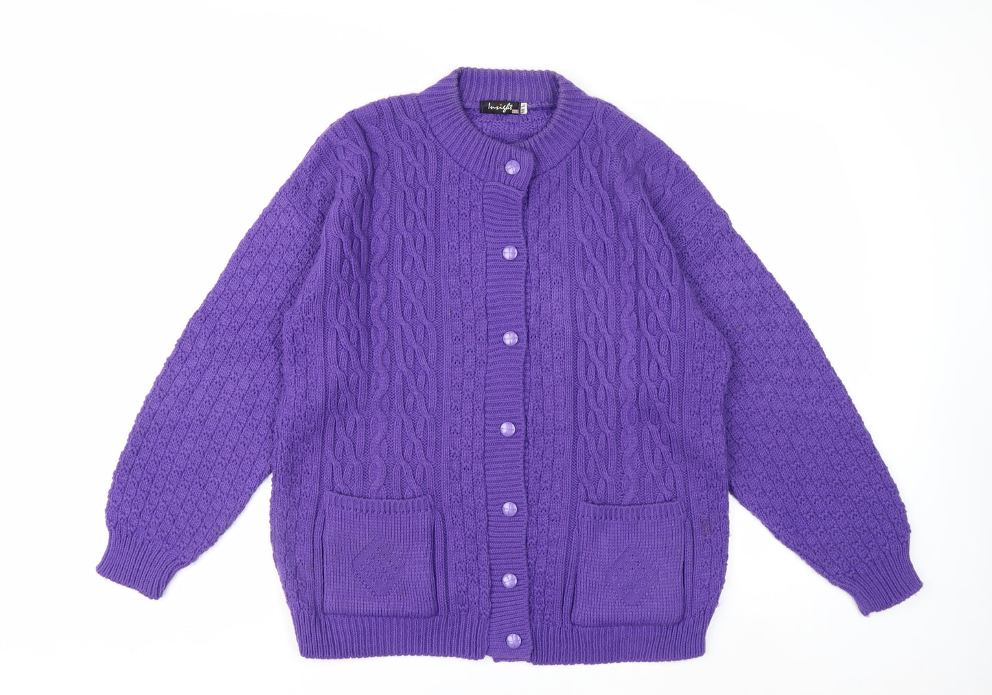 Insight Women Purple Cable Knit Cardigan M Acrylic Crew Neck
