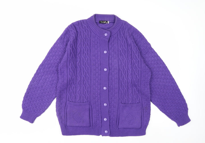 Insight Women Purple Cable Knit Cardigan M Acrylic Crew Neck