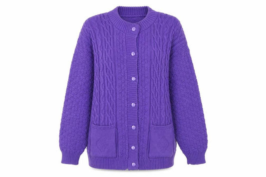 Front view of Insight Women Purple Cable Knit Cardigan M Acrylic Crew Neck