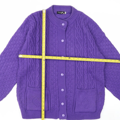 Insight Women Purple Cable Knit Cardigan M Acrylic Crew Neck