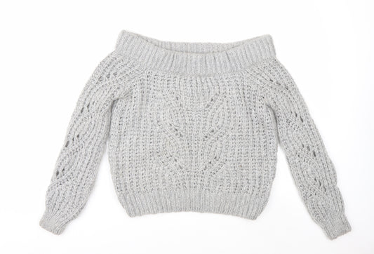 River Island Women's Grey Chunky Knit Boat Neck Jumper UK 8