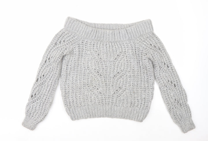 River Island Women's Grey Chunky Knit Boat Neck Jumper UK 8