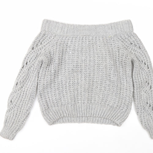 River Island Women's Grey Chunky Knit Boat Neck Jumper UK 8