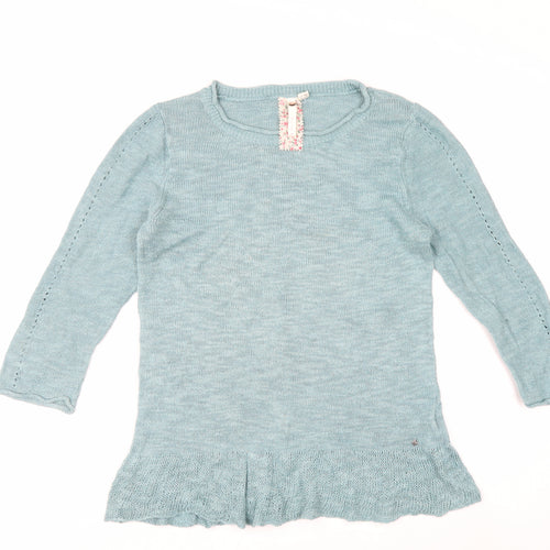 White Stuff Women Blue Linen Cotton Crew Neck Jumper Size 12