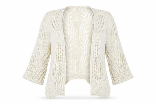 Front view of Stock Shop Women Beige Open Knit 3/4 Sleeve Cardigan M
