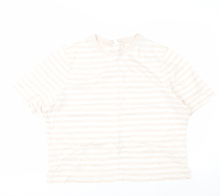 Uniqlo Women's Beige Striped Cotton Short Sleeve T-Shirt M