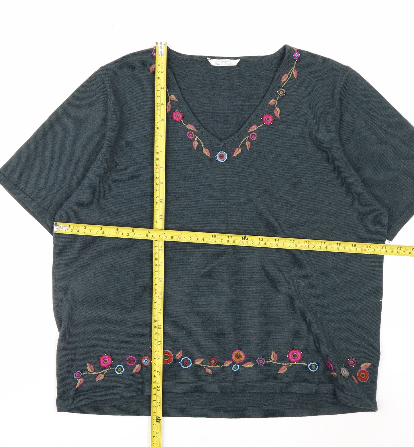 Marks & Spencer Women’s Green Floral Embroidered Wool Knit Top Size 22