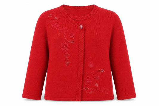 Front view of Casamia Women’s Red Floral Beaded Cardigan Plus Size Knitwear