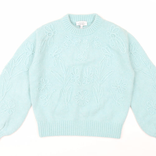 & Other Stories Women Blue Embroidered Floral Knit Alpaca Wool Jumper S