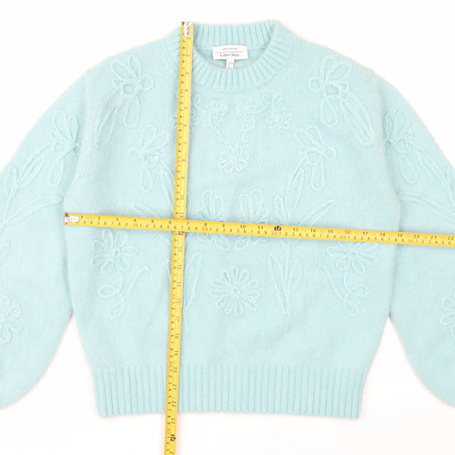 & Other Stories Women Blue Embroidered Floral Knit Alpaca Wool Jumper S