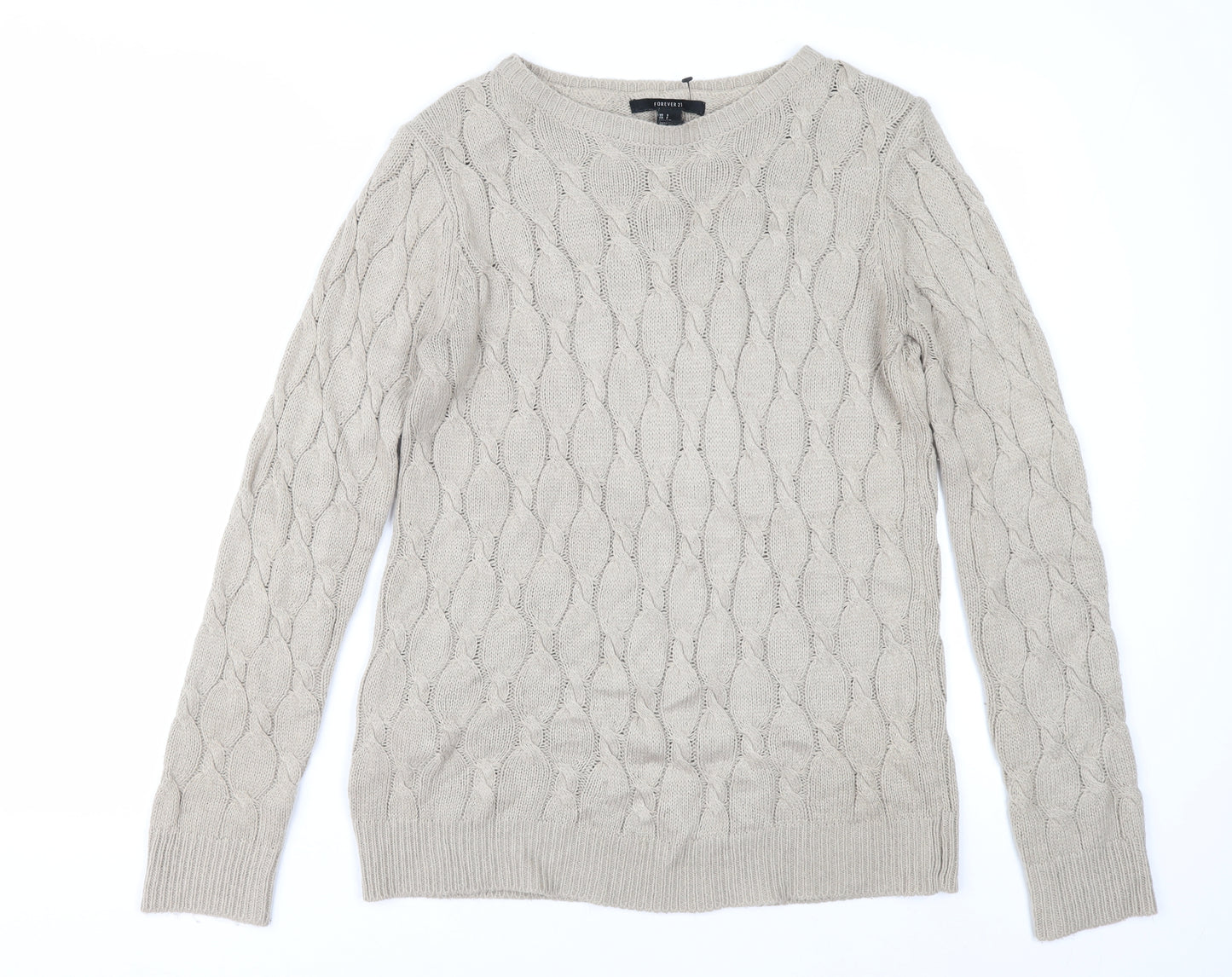 Forever 21 Women’s Beige Cable Knit Jumper Size S Crew Neck Pullover