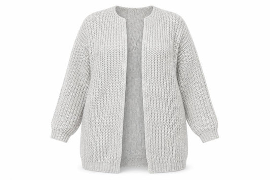 Front view of Cotton Traders women’s grey chunky knit long cardigan, size UK 16