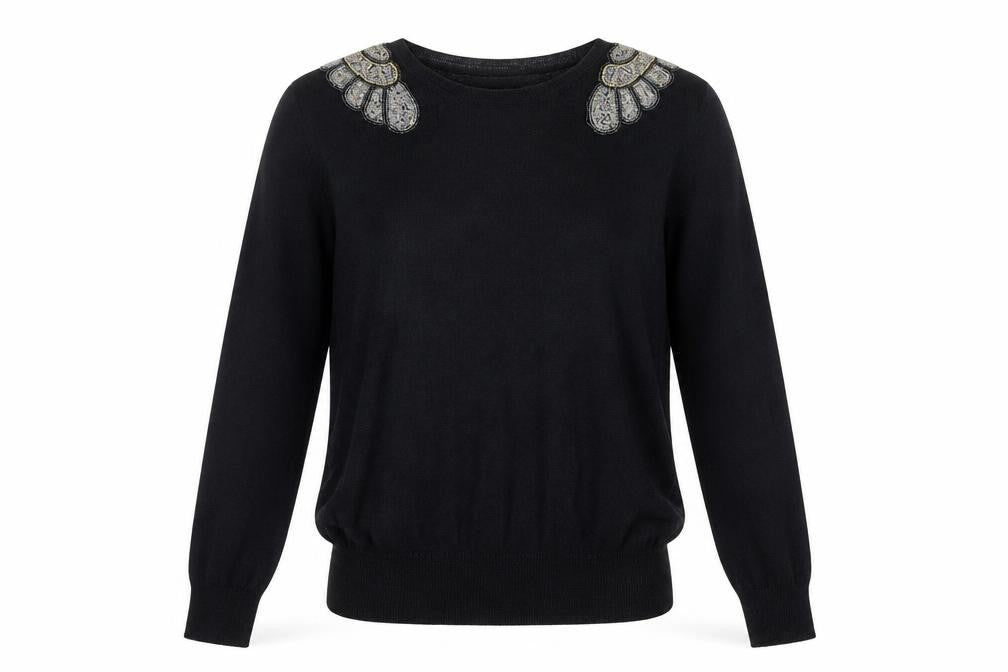 Mango Women's Black Beaded Shoulder Jumper Size 12
