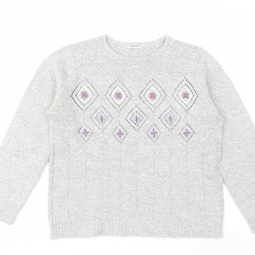 Damart Women Grey Embroidered Open-Knit Pullover Jumper Size 14/16