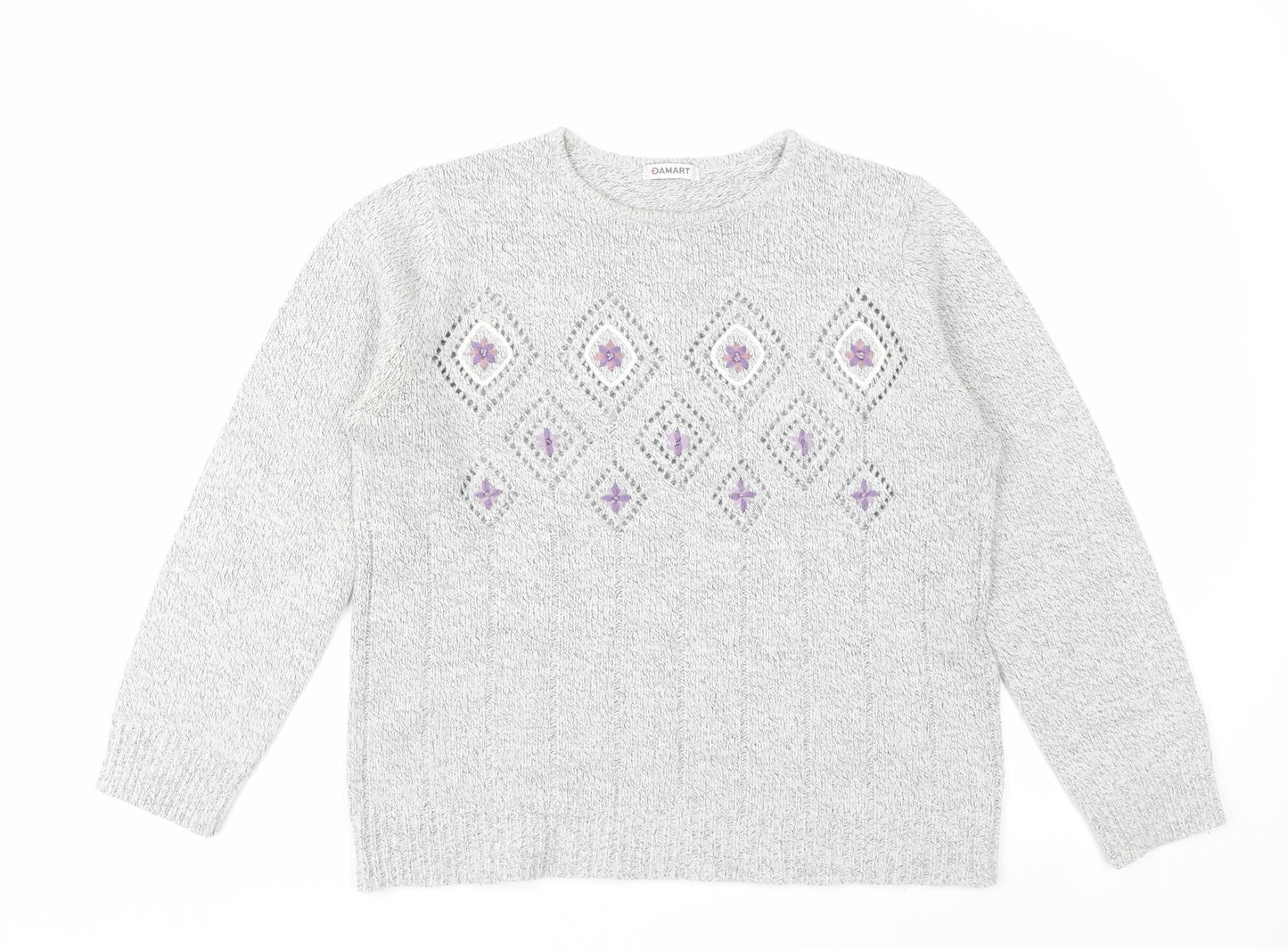 Damart Women Grey Embroidered Open-Knit Pullover Jumper Size 14/16