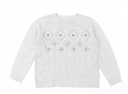 Damart Women Grey Embroidered Open-Knit Pullover Jumper Size 14/16