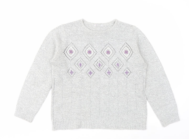 Damart Women Grey Embroidered Open-Knit Pullover Jumper Size 14/16