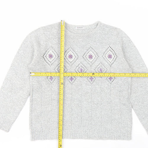 Damart Women Grey Embroidered Open-Knit Pullover Jumper Size 14/16