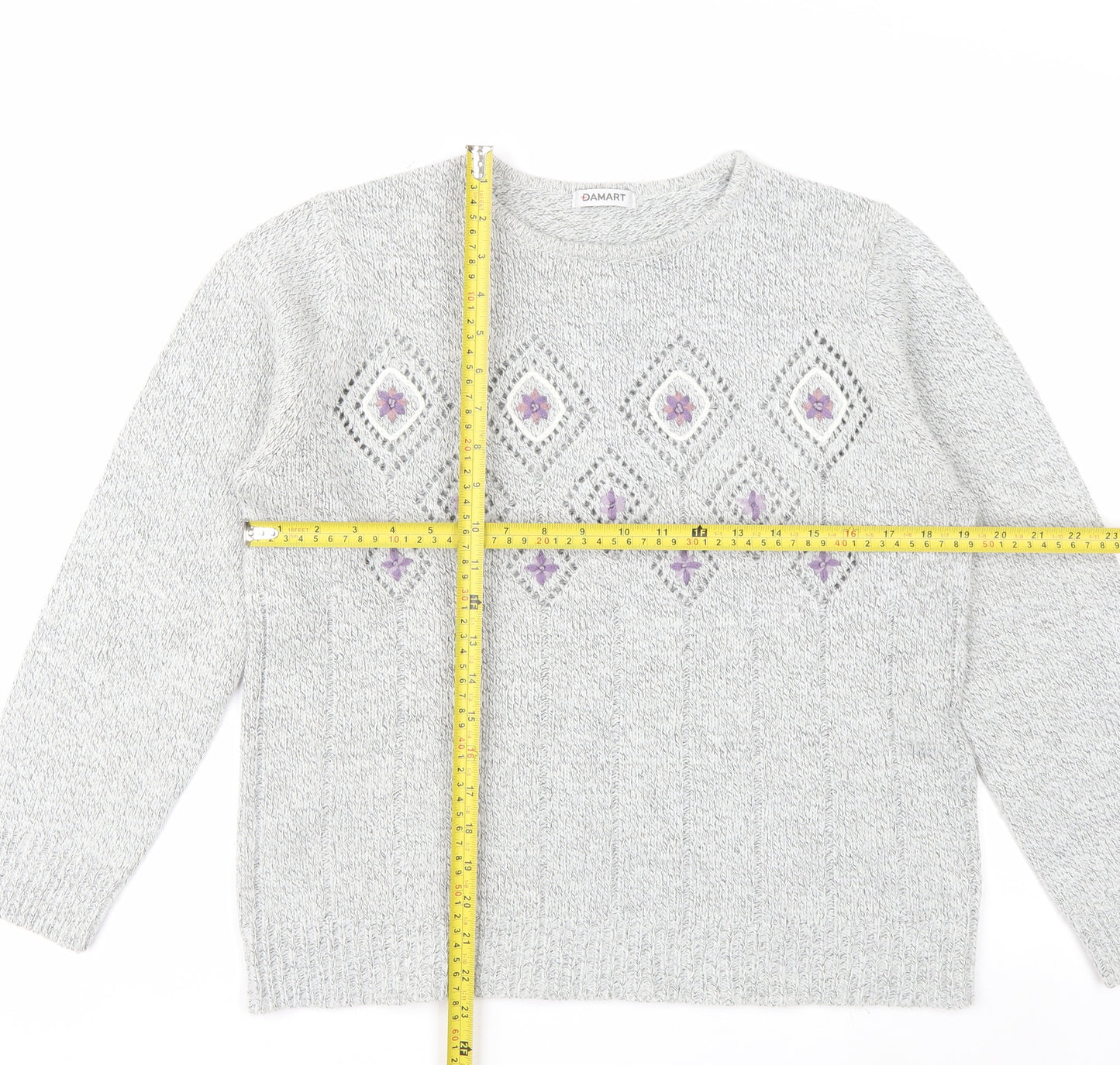 Damart Women Grey Embroidered Open-Knit Pullover Jumper Size 14/16