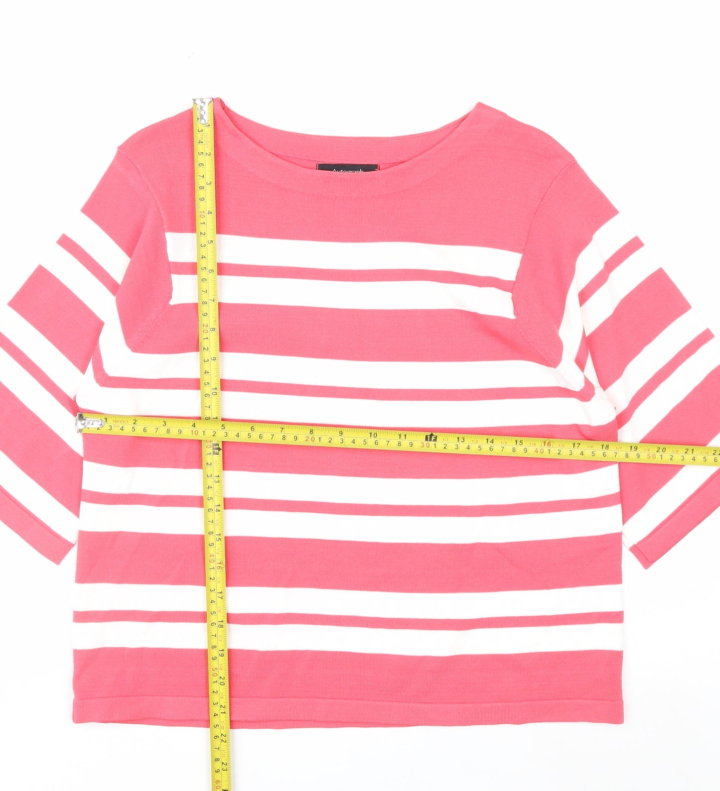 Marks and Spencer Women Pink Striped Boat Neck T-Shirt Size 8