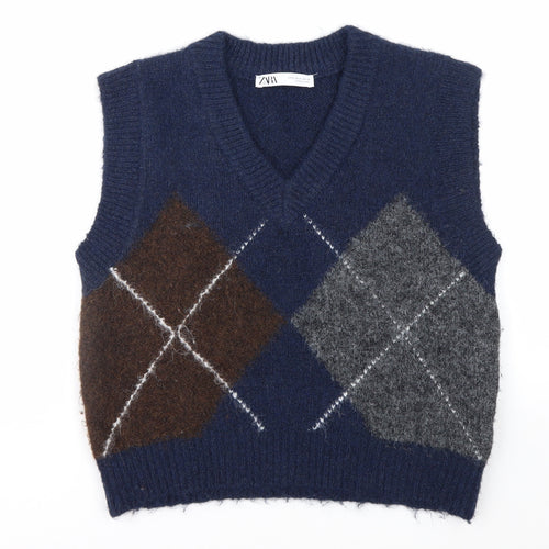 ZARA Women's Blue Argyle V-Neck Sleeveless Knit Vest Jumper Size S
