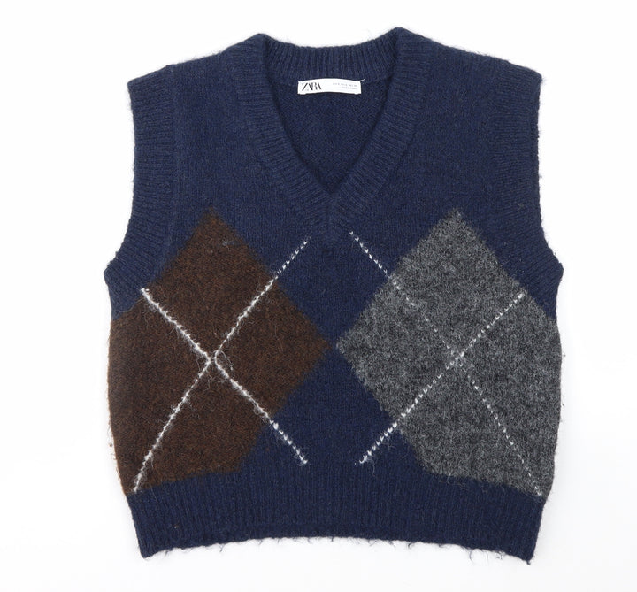 ZARA Women's Blue Argyle V-Neck Sleeveless Knit Vest Jumper Size S