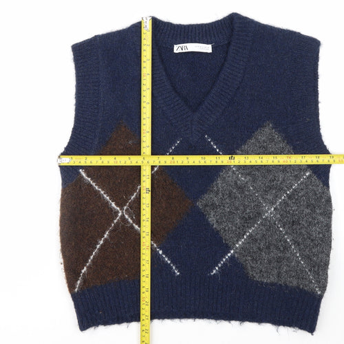 ZARA Women's Blue Argyle V-Neck Sleeveless Knit Vest Jumper Size S